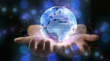 Double exposure of businessman touches global network data connection, Technology digital background concept. 3d rendering element photo