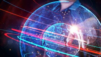 Double exposure of businessman touches global network data connection, Technology digital background concept. 3d rendering element photo