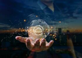 Digital cloud computing in hands of cyber security, Digital Data Network Protection, Technology global network big data analysis background concept photo