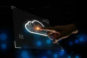 Businessman touches Cloud computing Concept. Futuristic Technology Digital Data Analysis. Big Data Network Connection Abstract Background photo