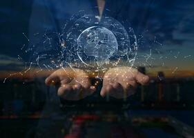 Global network data connection in hands of the night sky, Technology digital background concept. 3d rendering element photo
