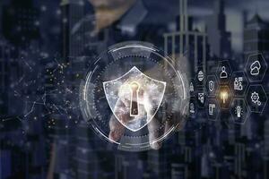 Finger touch shield Icon and HUD of cyber security in smart city, Digital Data Network Protection, Technology global network big data analysis background concept photo