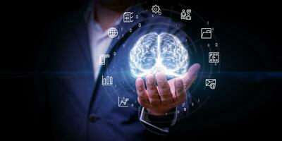 Artificial Intelligence AI in the futuristic business and coding software development, Businessman show the brain, Technology Digital Data Data Analysis and Synchronize Data Network Connection photo
