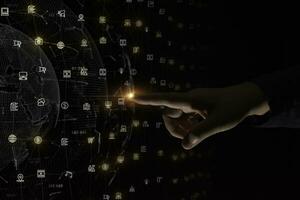 Finger touch over a digital data network connection, Technology global network big data analysis background concept photo