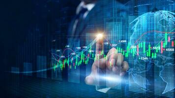 Double exposure of  Businessman touches up arrow with a trading graph candlestick, Global finance investors. Cryptocurrency digital economy.  Financial investment background concept. photo