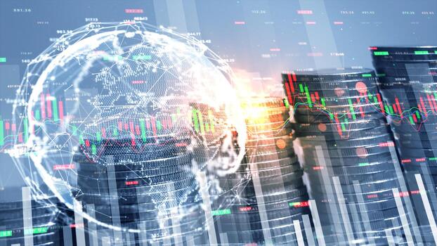 Coins stack with graph chart stock exchange finance investment, Global finance business investment strategy competition, Investment security data analytics technology abstract background. 3D rendering photo