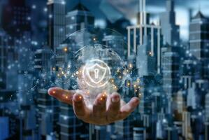 Shield Icon and HUD in hands of cyber security in smart city, Digital Data Network Protection, Technology global network big data analysis background concept photo