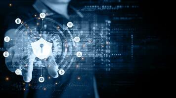 Double exposure of  Businessman touches shield Icon and HUD of cyber security Digital Data Network Protection, Technology global network big data analysis background photo