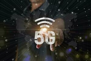 Man touches icon 5g high speed internet concept, Technology digital data network big data connection background concept. Double exposure photo