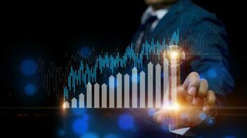 Double exposure of  Businessman touches up arrow with a trading graph candlestick, Global finance investors. Cryptocurrency digital economy.  Financial investment background concept. photo
