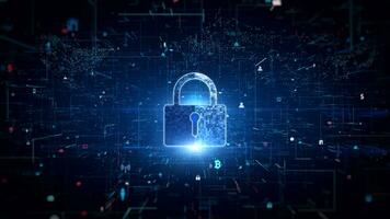 Blue Padlock Icon Cyber Security, Digital Data Network Protection, Future Technology Blockchain Digital Data Network Connection Matrix Abstract Background Concept. 3d rendering photo