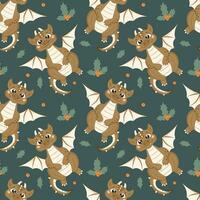 Seamless pattern with cute smiling dragon and mistletoe leaves in cartoon style. vector