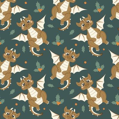 Seamless pattern with cute smiling dragon and mistletoe leaves in cartoon style.