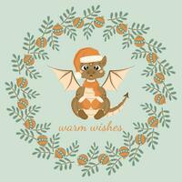 Christmas card in cartoon style. Cute dragon dressed in Santa Claus hat, scarf and mittens is sitting. vector