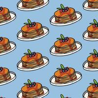 Pattern of pancakes with butter, berries and maple syrup sweet on a white plate and blue background vector