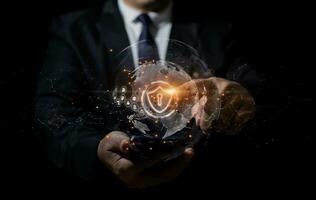 Double exposure of  Businessman touches shield Icon and HUD of cyber security Digital Data Network Protection, Technology global network big data analysis background concept photo