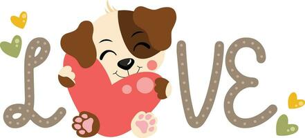 Love word with cute dog holding a heart vector