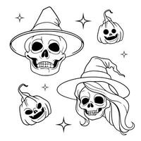 calaveras de hombres y mujer en bruja sombreros y calabazas Listo a fiesta en Víspera de Todos los Santos noche vector