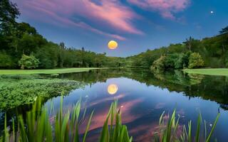 Moonlit Tranquility, A Celestial Symphony Reflected in a Still Pond. AI Generated photo