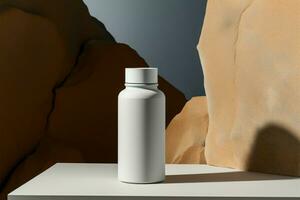 White bottle rests atop a solid concrete block, contrasting textures AI Generated photo