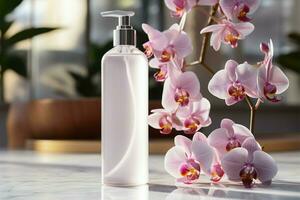 Selective focus on skincare bottle with blooming orchid background AI Generated photo