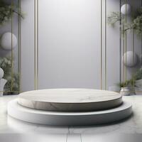 Empty round white podium, stage, pedestal for goods and objects. Generative AI photo
