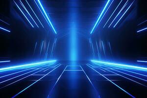 Abstract neon blue background, cyber space, parallel universe, lines, stripes, glow. AI generated photo