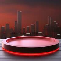Empty trendy round podium against landscape background. Generative AI photo