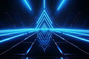 Abstract neon blue background, cyber space, parallel universe, lines, stripes, glow. AI generated photo