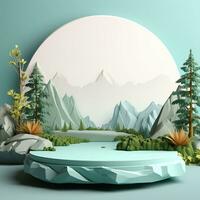 Empty trendy round podium in the forest. Generative AI photo