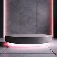 Empty round black podium, stage, pedestal for goods and objects. Minimalist stand. Generative AI photo