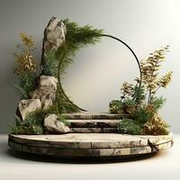 Beautiful stone podium, stage, pedestal. Platform surrounded by tropical leaves. Generative AI photo