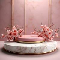 Pink marble podium with flowers. Generative AI photo