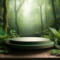 Round green podium scene in jungle tropical leaves. Generative AI photo