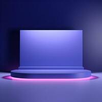Round neon glowing podium, stage, pedestal. Empty advertising platform photo