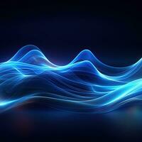 Abstract neon background, wavy blue lines on black. AI generated photo