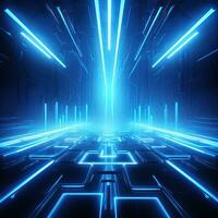 Abstract neon blue background, cyber space, parallel universe, lines, stripes, glow. AI generated photo