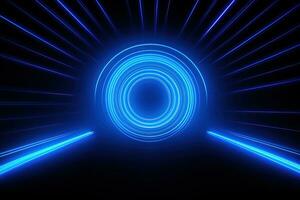 Abstract neon blue background, cyber space, parallel universe, lines, stripes, glow. AI generated photo