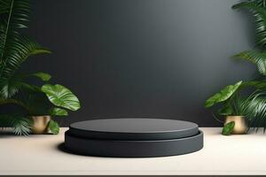 Empty round black podium, stage, pedestal for goods and objects. Minimalist stand. Generative AI photo