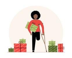 A girl with a disability is holding a Christmas present. Illustration for online store, application, print or advertising vector