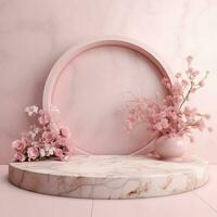 Pink marble podium with flowers. Generative AI photo