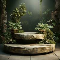 Beautiful stone podium, stage, pedestal. Platform surrounded by tropical leaves. Generative AI photo