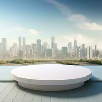 Empty trendy round podium against landscape background. Generative AI photo