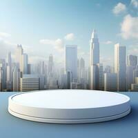 Empty trendy round podium against landscape background. Generative AI photo