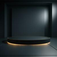 Stage, podium, empty pedestal for displaying objects and advertising goods, pink, black, round, square, glow. Generative AI photo