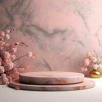 Pink marble podium with flowers. Generative AI photo