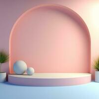 Empty round pink podium, stage, pedestal for goods and objects. Generative AI photo