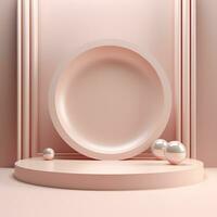 Empty minimalistic glossy scene with pearls. Pink, beige, neutral color podium for goods and items. Generative AI photo