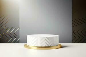 Minimalist white stage with golden decor for product display. Podium, pedestal, exhibition, empty space. Ai Generative photo