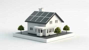 miniatura casa modelo con solar panel en techo en blanco antecedentes. inteligente hogar energía ahorro concepto. generativo ai foto